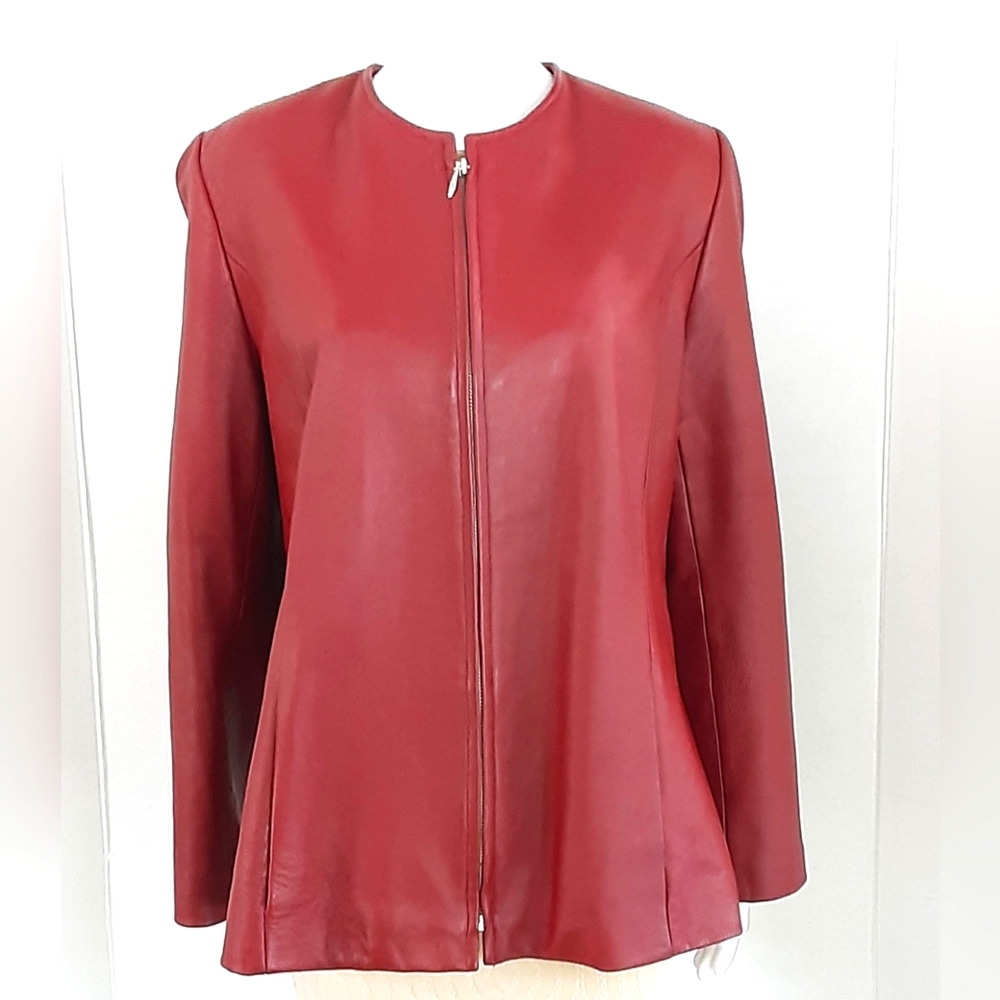 I.E. Women Red Wine Genuine Leather Collarless Front Zip Jacket Sz 2X